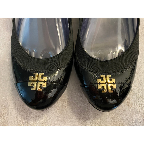 Tory Burch Flats Womens 8M Black Patent Leather Gold Tone Logo Ballet - Picture 7 of 11